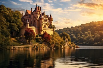 The Serene Beauty of a Medieval Castle Nestled atop a Lush Hill with a Lake Reflecting the Colors of Sunset