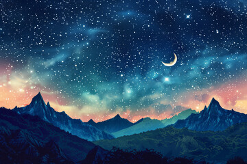 Starry sky, with mountaines view and moon 