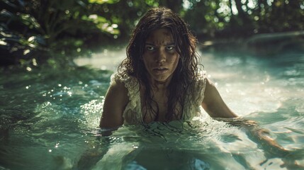 AI generated illustration of a cinematic shot of a woman immersed in water