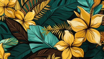 A drawing of a tropical forest with yellow flowers. The flowers are surrounded by green leaves and the overall mood of the image is bright and cheerful