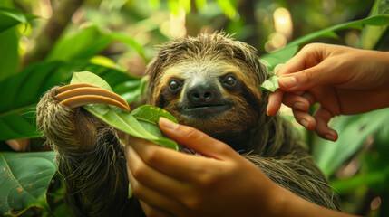Obraz premium Tropical rainforest with hands offering a leafy treat to a curious sloth