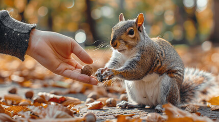 City park with hands offering a nut to a friendly squirrel.
