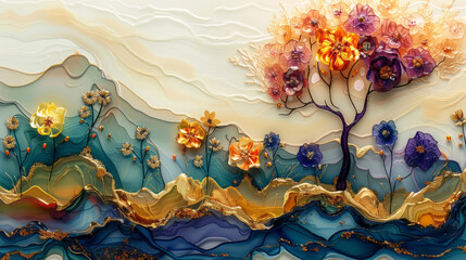 Elegant abstract landscape with gold and floral elements