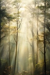 Vertical image capturing morning light filtering through a dense forest, showcasing rays of sunlight piercing through tall trees onto the undergrowth below.  exudes a mystical and serene atmosphere.