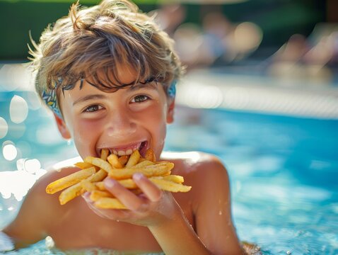 A young boy with French fries at swimming pool during summer, happy