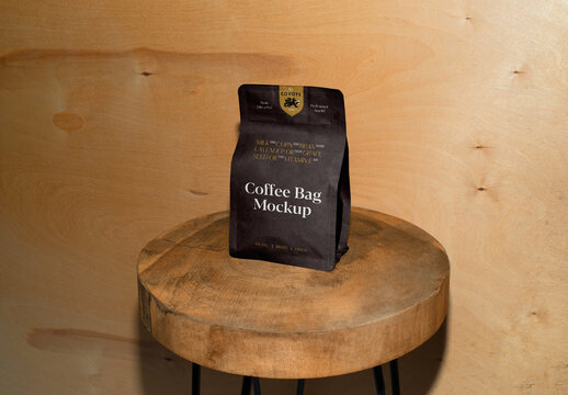 Paper Coffee Bag on Wooden Stool Mockup