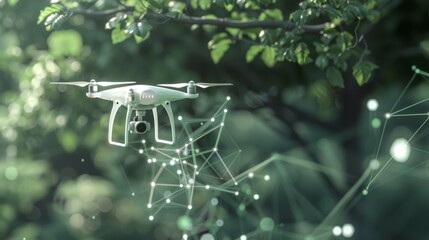 drone flying over farmland, surrounded by digital data visualizations and trees on the ground