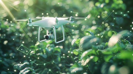 drone flying over farmland, surrounded by digital data visualizations and trees on the ground