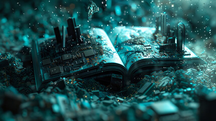Futuristic book transforming into a motherboard in a fantasy world