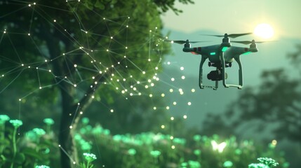 drone flying over farmland, surrounded by digital data visualizations and trees on the ground