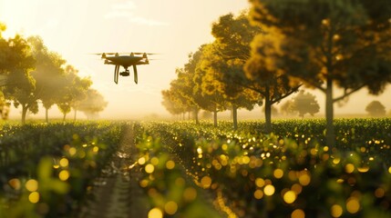 drone flying over farmland, surrounded by digital data visualizations and trees on the ground