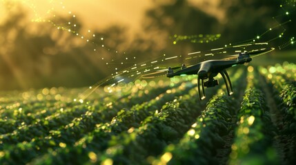 drone flying over farmland, surrounded by digital data visualizations and trees on the ground