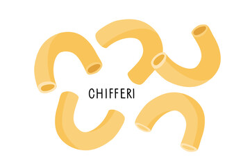 Pasta type Chifferi in flat style with inscription isolated on white background. Carbohydrate diet. Nutrient complex diet vector illustration. Traditional Italian Food for Menu, shop, packaging.