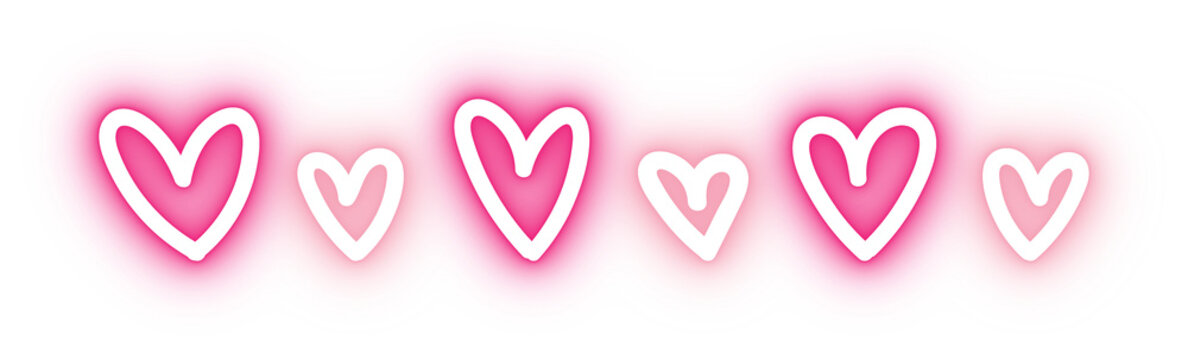 Neon pink glowing hearts , cute hearts on transparent background