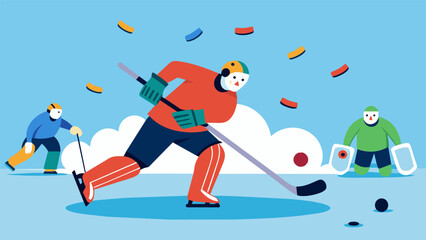 Fototapeta premium In a flurry of sticks and bodies the goalie somehow manages to keep the puck out of the net making save after save to lead their team to victory.. Vector illustration