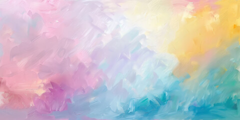 Abstract soft pastel oil painting background with soft brush strokes and a color palette of light blue, pink, purple, yellow, teal, cream and white, for decoration or design projects.