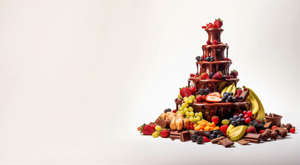 Sweet brown chocolate fountain with red strawberries and various fruits