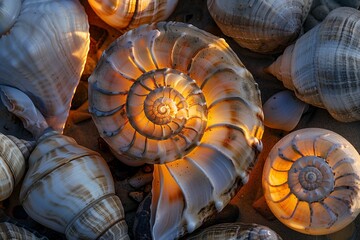 AI generated illustration of a stack of luminous seashells