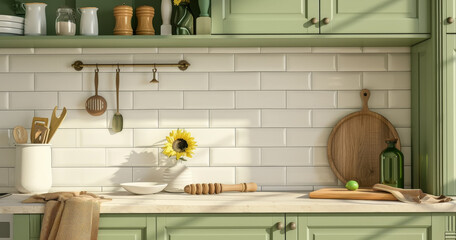 Front view of a classic kitchen with wooden furniture in olive green tones and retro white tiles. Light wooden countertop with decorations and sunflower flower in vase