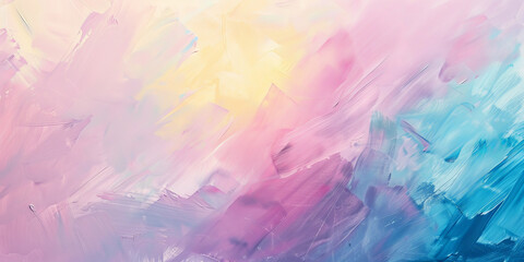 Abstract soft pastel oil painting background with soft brush strokes and a color palette of light blue, pink, purple, yellow, teal, cream and white, for decoration or design projects.