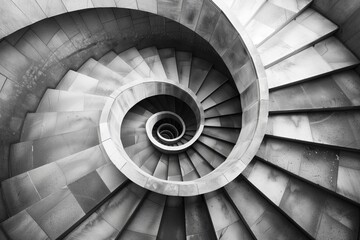 AI generated illustration of a monochrome spiral staircase ascending uniquely