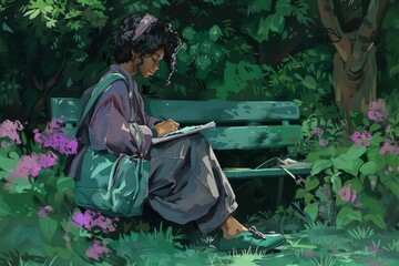 Serene female artist sketching in a lush green forest park setting