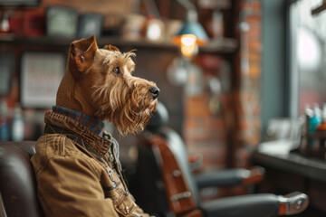 Stylish Irish terrier in barber shop looking through window