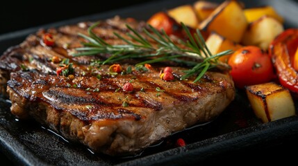Large juicy grilled steak with vegetables