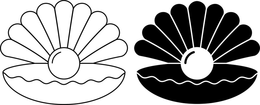 outline silhouette seashell with pearl icon set