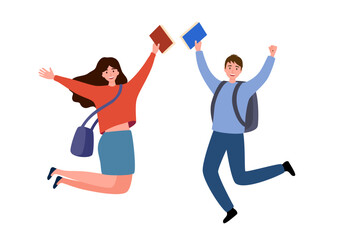 Happy couple of students jumping for joy in flat design on white background.