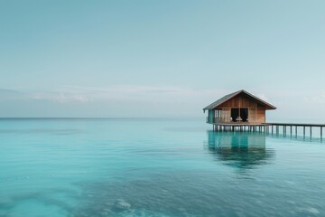 Fototapeta premium Serene waterfront villa on a tranquil turquoise sea under clear skies