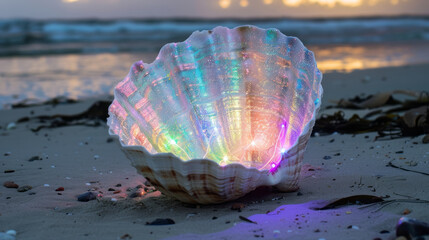 Glittering clamshell with rainbow lights on beach at sunset