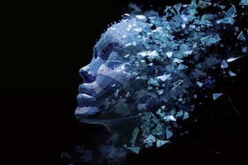 Pixel art vector-style image of a plastic futuristic feminine head reminiscent of a transformer. the head splinters and fog emerges from it.  face of the head look as if it is enjoying the experience