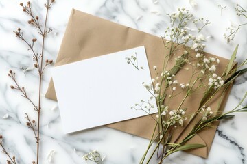 Envelopes with flowers on a marble surface. Mockup background 