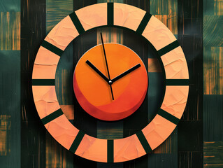 Clock face design with apricot icon on brick red parquet floor against ebony background. Colors feldgrau and green featured in the illustration.
