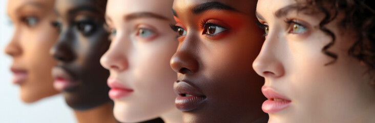 Close up of profile photo of women faces of different races. Banner. Selective focus. Feminism concept