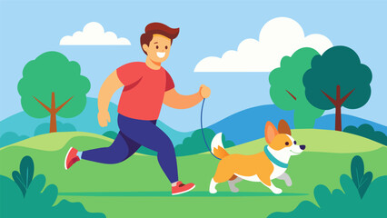 An easy jogger takes in the sights and sounds of a park their playful corgi bouncing excitedly by their side.. Vector illustration