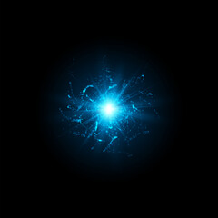 Vector design with sparkling star with sparkles and magic blue rays on a black background