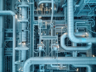 A specialized industrial area for oil and gas production displaying machinery used in refining oil. Focus on pipelines in a refinery, revealing the complex network of pipes and valves in the large-sca