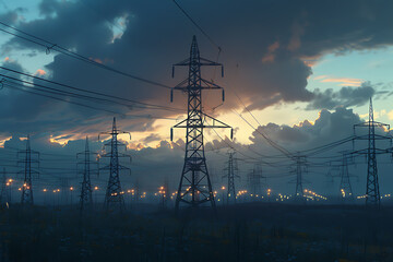 A network of transmission lines stretches across the landscape, conveying energy with towers and cables against a clear sky.