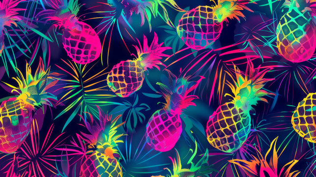 Vibrant tropical pineapple pattern with neon colors