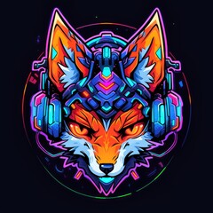 A fox with headphones on its head. The fox is wearing headphones and has a glowing