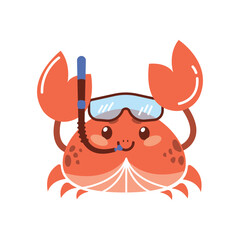 Vector summer illustration with a cute crab in a scuba diving mask. Graphic children's print isolated on a white background