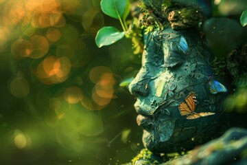 Bokeh photo of mother earth gaia is looking after her children, the spirits of the forest, the animals, butterflies, birds, bees, mother earth enchanting made of the planet. Living