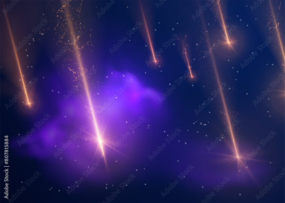 Wall mural falling comets or asteroids with red sparkling flame trail in cosmos vector illustration, dark space