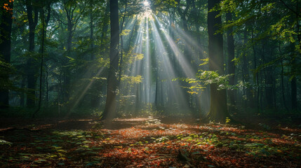 Sunbeams piercing through the trees and illuminating the forest floor, creating a tranquil atmosphere with dappled light and shadows. Beams of light break through dense tree cover
