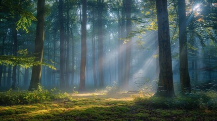 Fototapeta premium Bright shafts of sunlight pass through mist-laden trees, creating a mesmerizing interplay of light and shadow across the forest floor