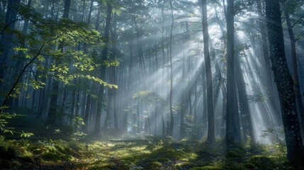 Obraz premium Bright shafts of sunlight pass through mist-laden trees, creating a mesmerizing interplay of light and shadow across the forest floor