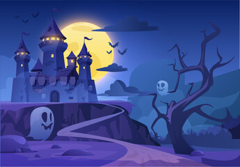 Naklejka premium Vector illustration in fantasy style with a fortress, a huge moon and terrifying ghosts