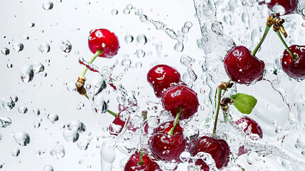 Ripe red cherry in a splash of water close-up, dynamic image